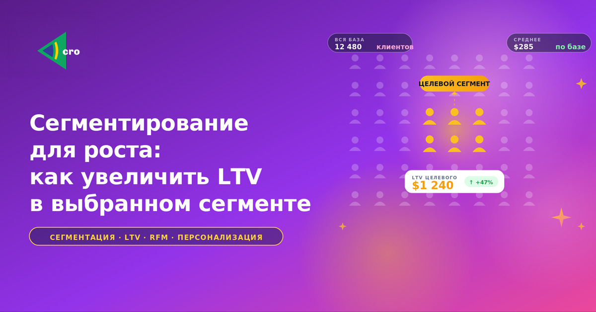 Герой баннер: градиент фиолетовый‑розовый, белый заголовок по сегментации LTV; слева логотип, справа выделенная целевая аудитория на сетке значков.